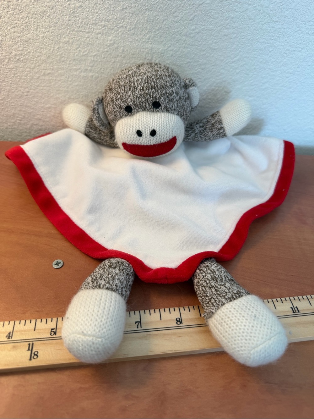 Baby Starters Sock Monkey Lovey Blanket with Red Trim. Wear on back. See pics